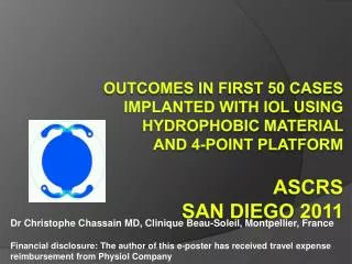 Outcomes in First 50 Cases Implanted With IOL Using Hydrophobic Material and 4-Point Platform ASCRS SAN DIEGO 2011