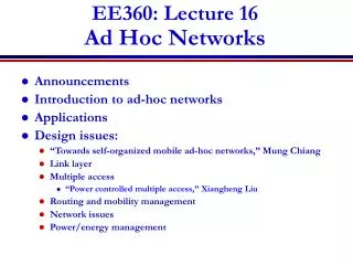 EE360: Lecture 16 Ad Hoc Networks