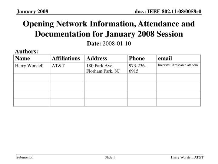opening network information attendance and documentation for january 2008 session