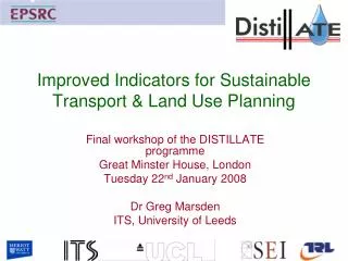 Improved Indicators for Sustainable Transport &amp; Land Use Planning
