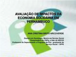 AVALIAÇÃO DE IMPACTOS DA ECONOMIA SOLIDÁRIA EM PERNAMBUCO