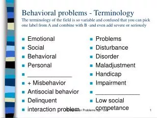 Emotional Social Behavioral Personal _____________ + Misbehavior Antisocial behavior Delinquent interaction problem