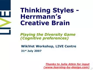 Thinking Styles - Herrmann’s Creative Brain Playing the Diversity Game (Cognitive preferences)