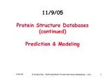 11/9/05 Protein Structure Databases (continued) Prediction &amp; Modeling - slide 1