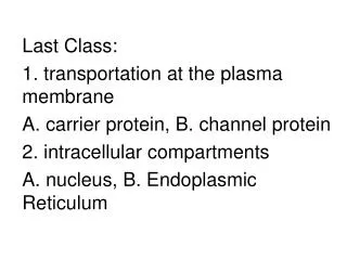 Last Class: 1. transportation at the plasma membrane A. carrier protein, B. channel protein 2. intracellular compartment