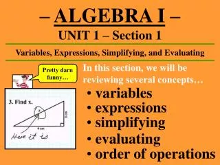 – ALGEBRA I – UNIT 1 – Section 1