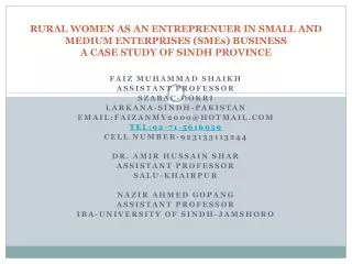 RURAL WOMEN AS AN ENTREPRENUER IN SMALL AND MEDIUM ENTERPRISES (SMEs) BUSINESS A CASE STUDY OF SINDH PROVINCE