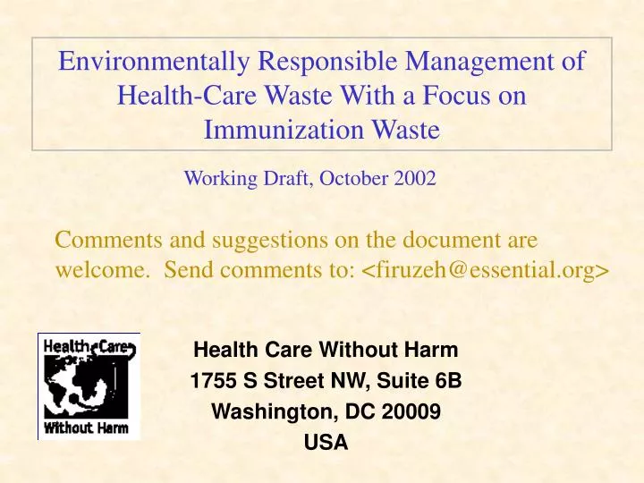 environmentally responsible management of health care waste with a focus on immunization waste