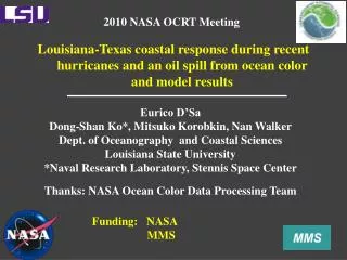 Louisiana-Texas coastal response during recent hurricanes and an oil spill from ocean color and model results