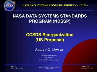NASA DATA SYSTEMS STANDARDS PROGRAM (NDSSP) CCSDS Reorganization (US Proposal)