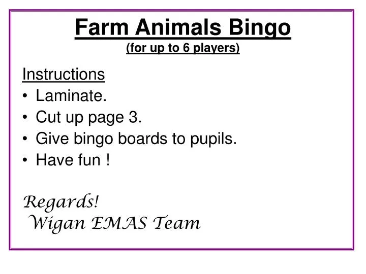 farm animals bingo for up to 6 players