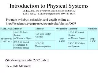 Introduction to Physical Systems Dr. E.J. Zita, The Evergreen State College, 30.Sept.02 Lab II Rm 2272, zita@evergreen.e