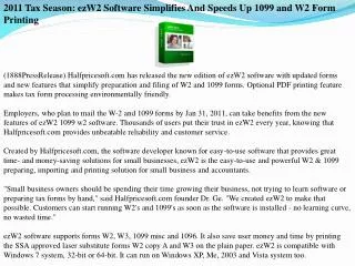 2011 Tax Season: ezW2 Software Simplifies And Speeds Up 1099