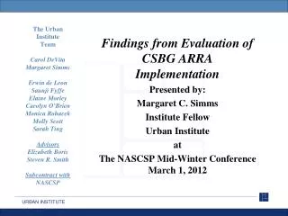 Findings from Evaluation of CSBG ARRA Implementation Presented by: Margaret C. Simms Institute Fellow Urban Institute at