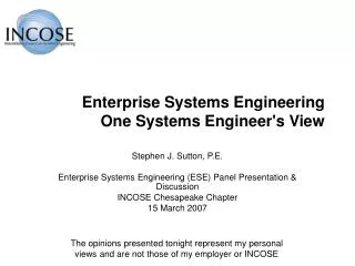 Enterprise Systems Engineering One Systems Engineer's View