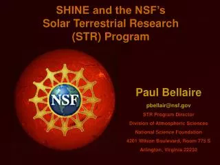 SHINE and the NSF’s Solar Terrestrial Research (STR) Program