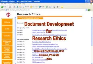 Document Development for Research Ethics Clinical Effectiveness Unit Division, PS &amp; MD 2005