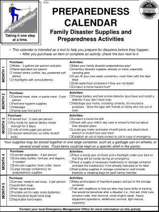 PREPAREDNESS CALENDAR Family Disaster Supplies and Preparedness Activities
