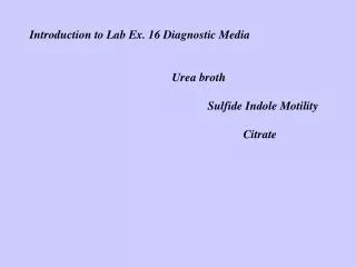 Introduction to Lab Ex. 16 Diagnostic Media 				Urea broth 					Sulfide Indole Motility 						Citrate