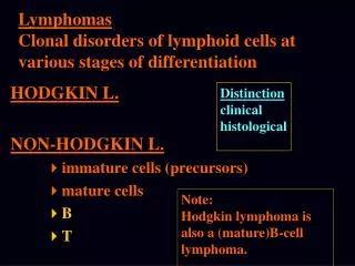 Lymphomas Clonal disorders of lymphoid cells at various stages of differentiation