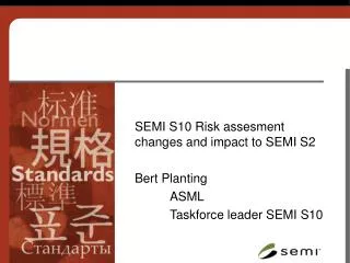 SEMI S10 Risk assesment changes and impact to SEMI S2 Bert Planting 	ASML 	Taskforce leader SEMI S10