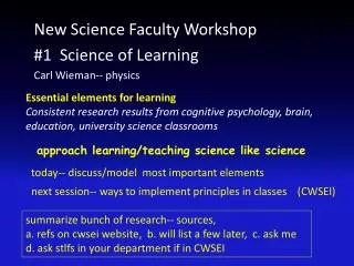 New Science Faculty Workshop #1 Science of Learning Carl Wieman-- physics