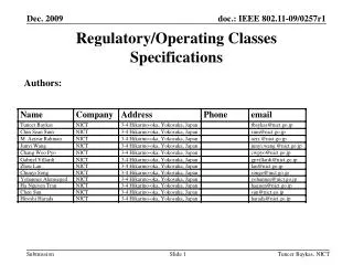 Regulatory/Operating Classes Specifications