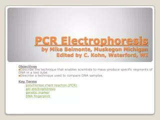 PCR Electrophoresis by Mike Belmonte, Muskegon Michigan Edited by C. Kohn, Waterford, WI
