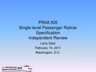 PRIIA 305 Single-level Passenger Railcar Specification Independent Review