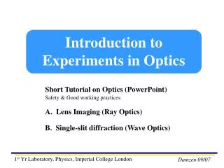 Introduction to Experiments in Optics