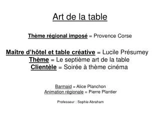 Art de la table Thème régional imposé = Provence Corse