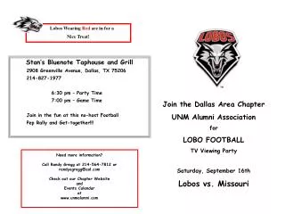 Join the Dallas Area Chapter UNM Alumni Association for LOBO FOOTBALL TV Viewing Party Saturday, September 16th Lobos vs