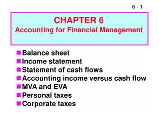 Balance sheet Income statement Statement of cash flows Accounting income versus cash flow MVA and EVA Personal taxes Cor