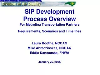 SIP Development Process Overview For Metrolina Transportation Partners Requirements, Scenarios and Timelines
