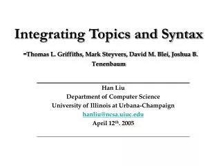 Integrating Topics and Syntax - Thomas L. Griffiths, Mark Steyvers, David M. Blei, Joshua B. Tenenbaum