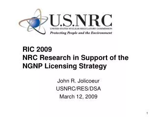 RIC 2009 NRC Research in Support of the NGNP Licensing Strategy