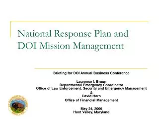 National Response Plan and DOI Mission Management