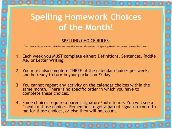 spelling homework choices of the month