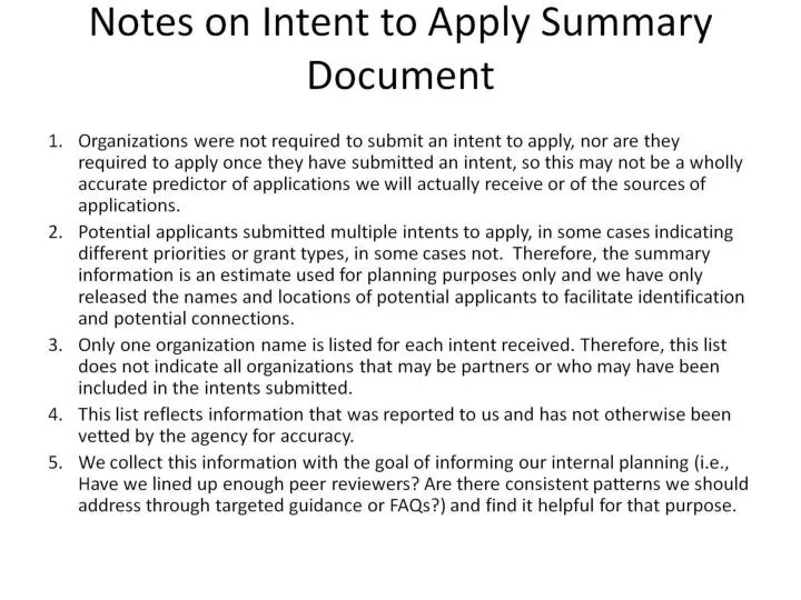 notes on intent to apply summary document
