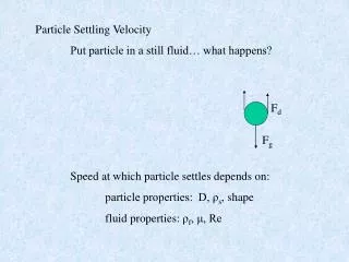 Particle Settling Velocity 	Put particle in a still fluid… what happens? 	Speed at which particle settles depends on: