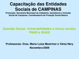 Questão Social: Vulnerabilidades e riscos sociais, PNAS e SUAS Professoras: Dras. Maria Luiza Mestriner e Vânia Nery Nov