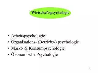 Arbeitspsychologie Organisations- (Betriebs-) psychologie Markt- &amp; Konsumpsychologie Ökonomische Psychologie