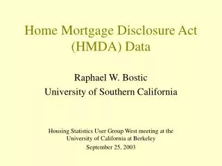 Home Mortgage Disclosure Act (HMDA) Data