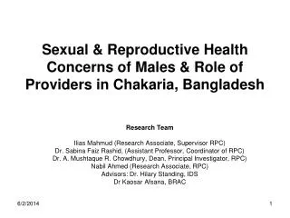 Sexual &amp; Reproductive Health Concerns of Males &amp; Role of Providers in Chakaria, Bangladesh