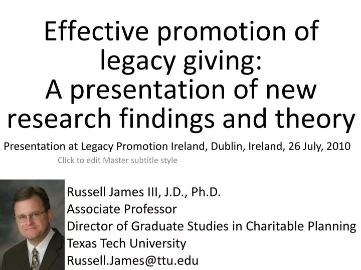 effective promotion of legacy giving a presentation of new research findings and theory