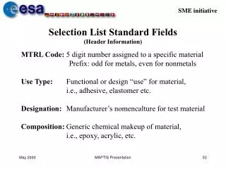 Selection List Standard Fields (Header Information)