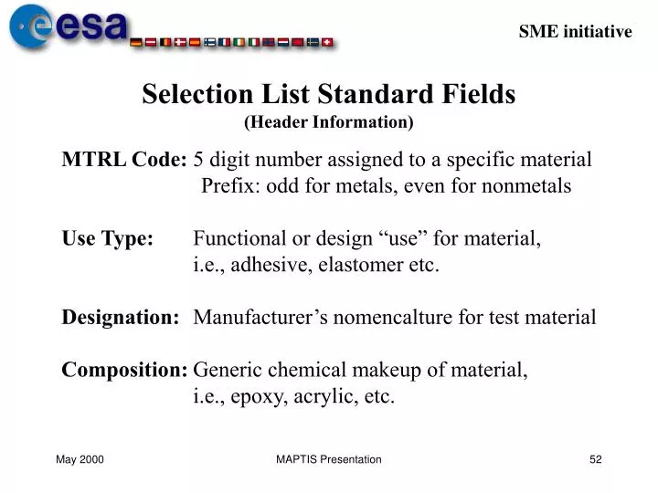 selection list standard fields header information