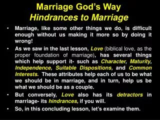 Marriage God’s Way Hindrances to Marriage