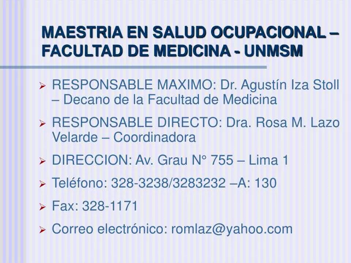 maestria en salud ocupacional facultad de medicina unmsm