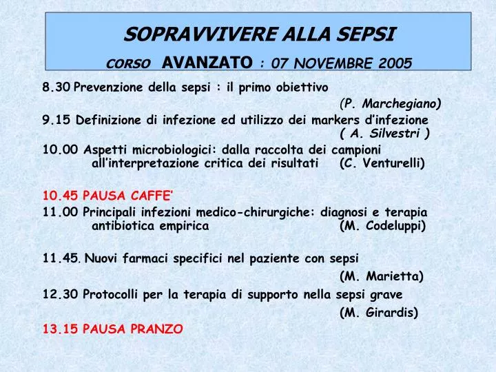 sopravvivere alla sepsi corso avanzato 07 novembre 2005